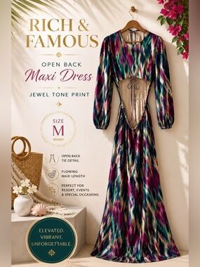 RICH & FAMOUS Open Back Printed Maxi Dress Size M